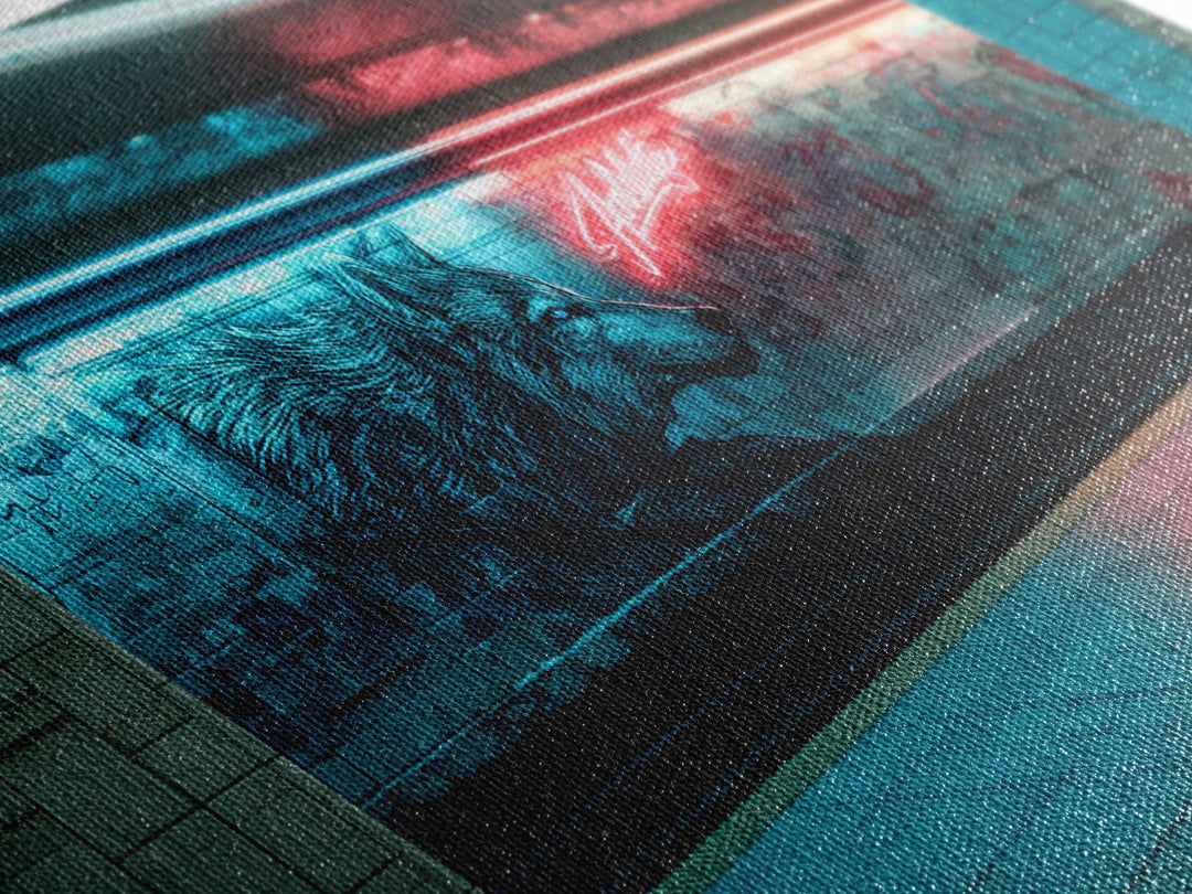 Neon Wolf Mural In Subway Station Wall Art, Urban Animal Street Art Print, Blue Red Graffiti Decor For Modern Loft Home Decor