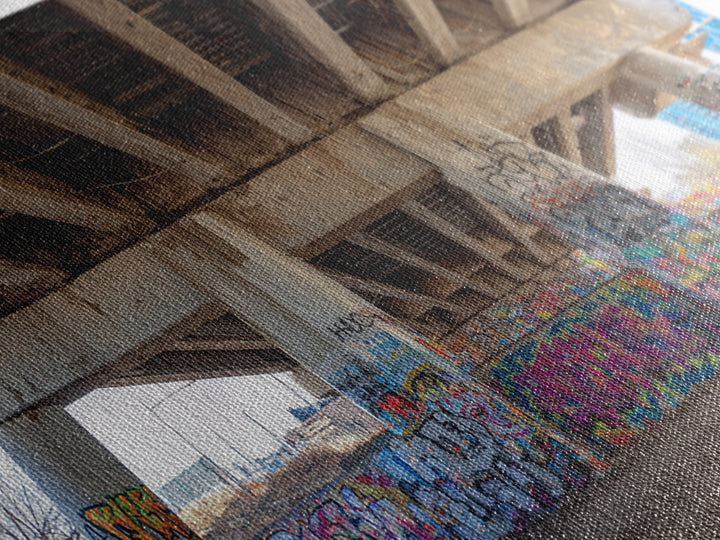 Colorful Graffiti Under Urban Bridge Wall Art, Street Art Photography Print, Modern Office Decor, Industrial City Poster