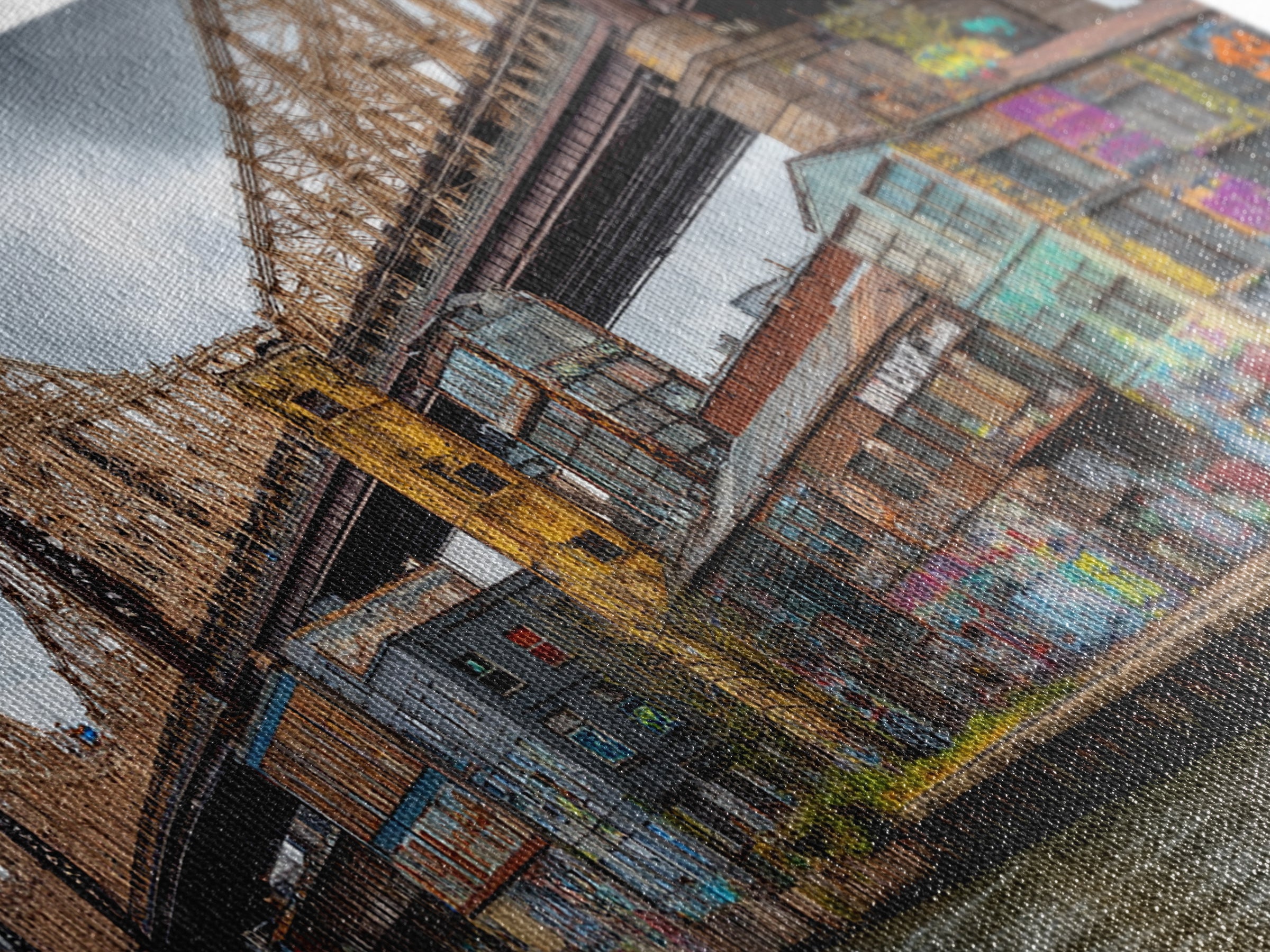 Graffiti Covered City Bridge Waterfront Framed Canvas Print, Urban Wall Art, NYC Art Print, Industrial Office Decor, Travel Poster