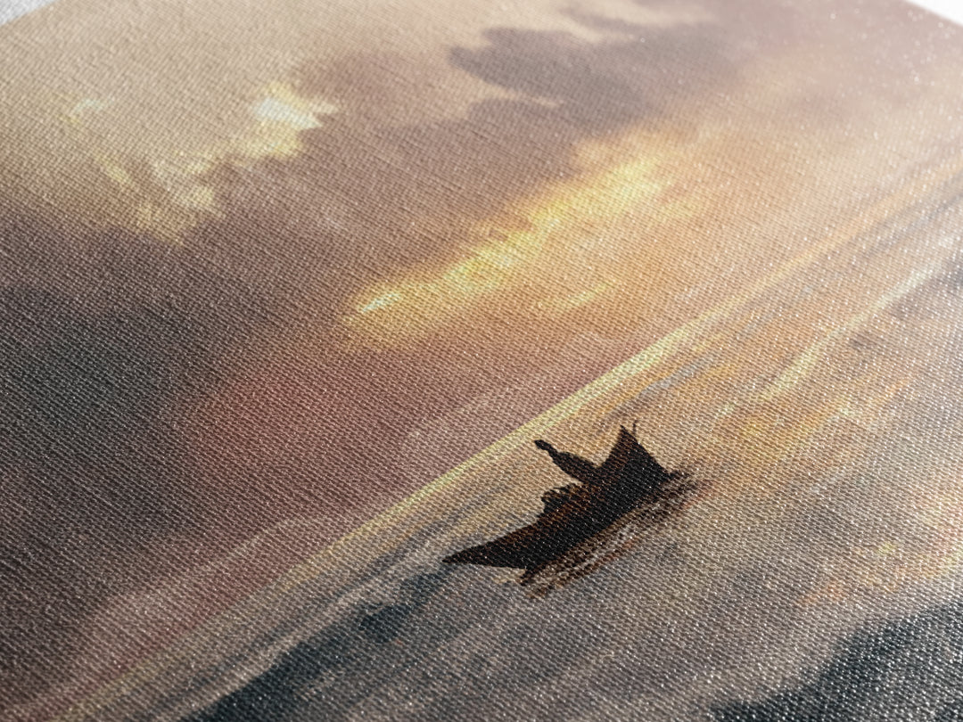 Solitary Fishing Boat At Golden Sunrise Canvas Print, Coastal Wall Art, Ocean Painting, Seascape Decor, Living Room Art Gift