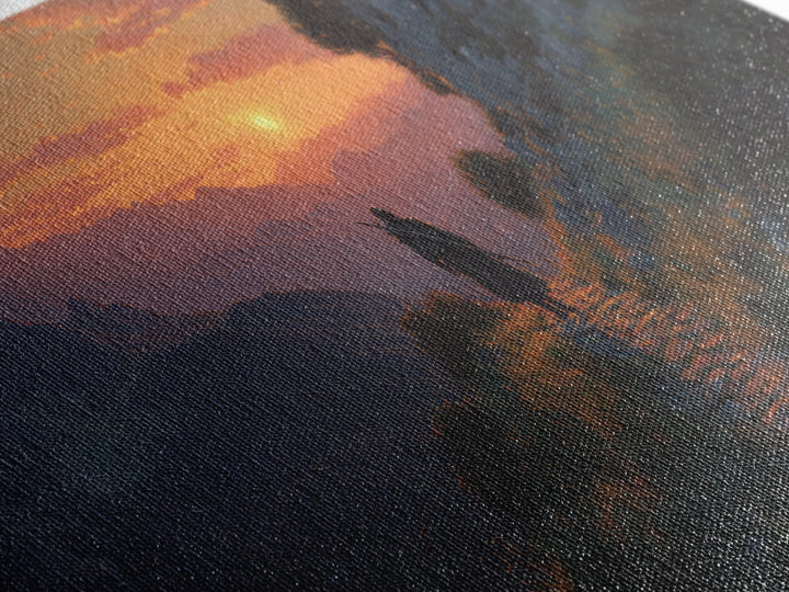 Lone Traveler Mountain Sunset Wall Art, Fantasy Landscape Canvas Print, Above Bed Decor, Adventure Gift, Nature Wall Decor