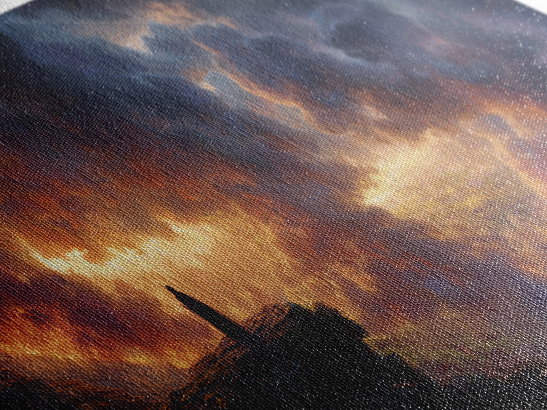 Lone Figure Before Fiery Storm Wall Art, Dark Fantasy Canvas Print, Dramatic Surreal Landscape, Moody Office Decor Gift For Him