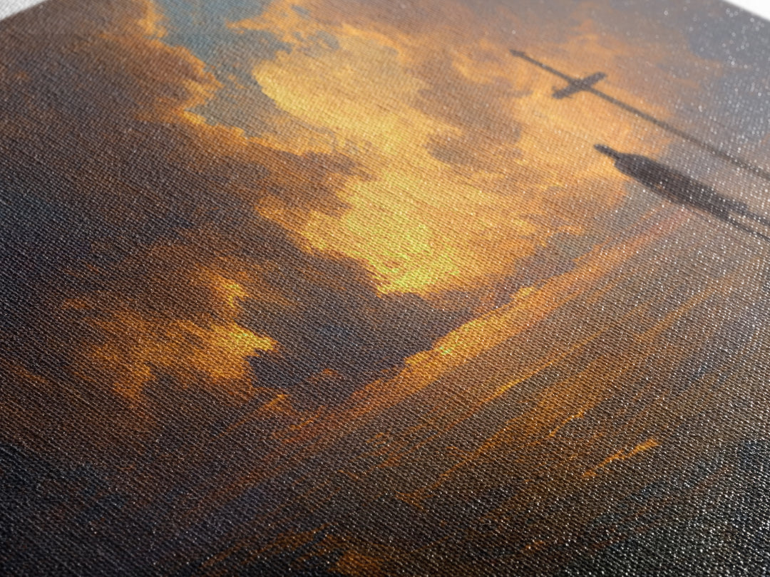 Lone Knight Sunset Wall Art, Medieval Fantasy Landscape Canvas Print, Christian Cross Decor, Masculine Office Art Gift For Him