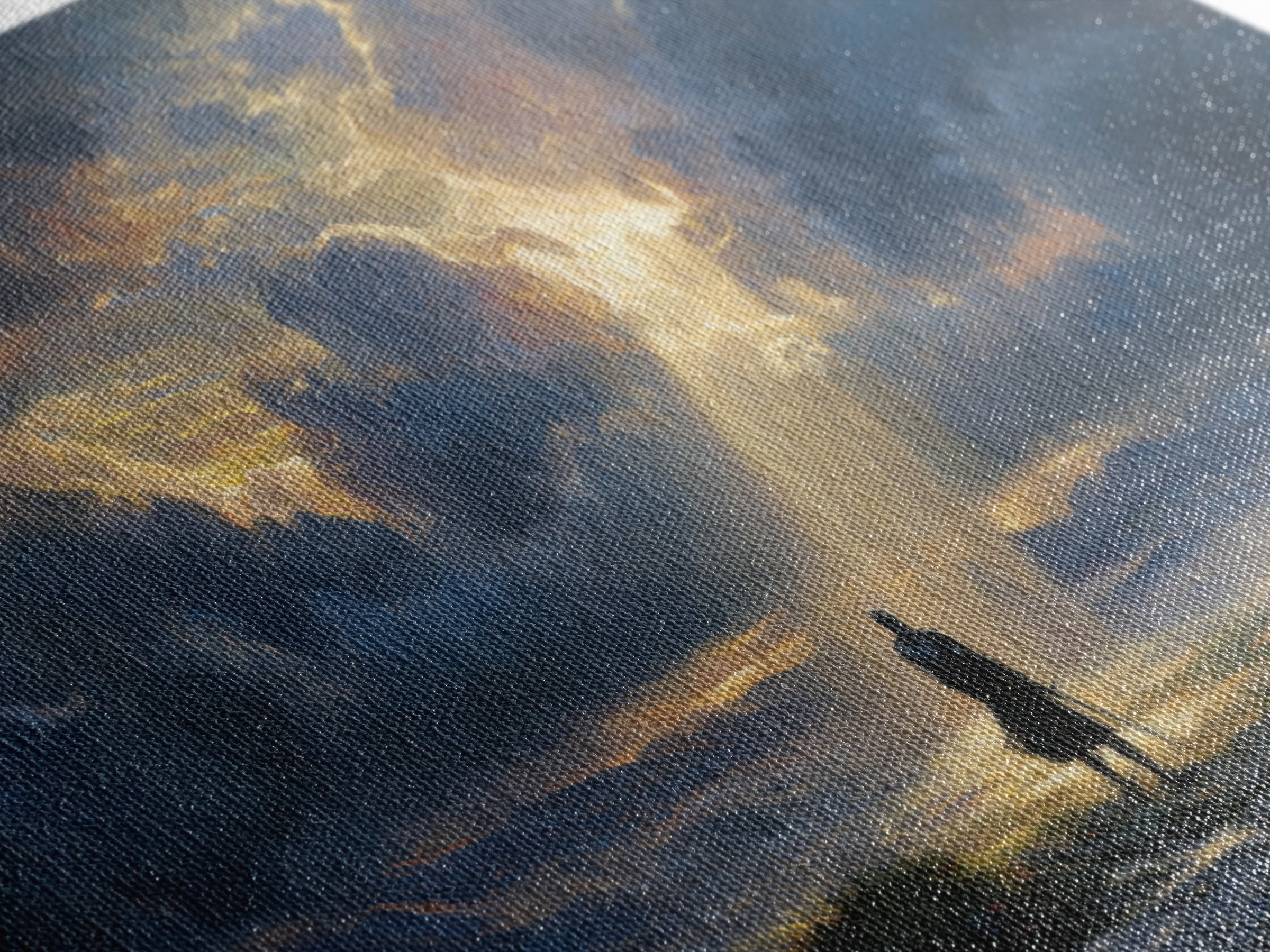 Lone Wanderer Beneath Radiant Storm Clouds Wall Art, Dramatic Fantasy Landscape Print, Moody Sky Living Room Decor, Gift For Him