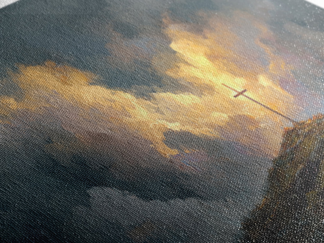 Dramatic Cross On Stormy Hill Wall Art, Christian Landscape Canvas, Moody Faith Decor, Religious Gift, Living Room Art Print