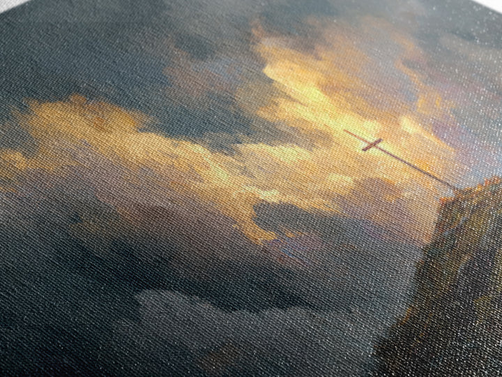 Dramatic Cross On Stormy Hill Wall Art, Christian Landscape Canvas, Moody Faith Decor, Religious Gift, Living Room Art Print