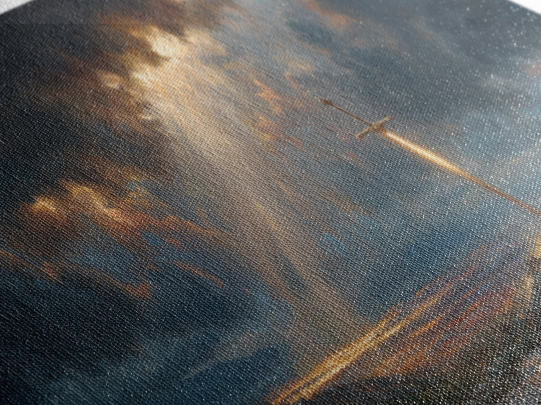 Glowing Sword In Storm Clouds Wall Art, Dramatic Christian Fantasy Canvas Print, Spiritual Decor, Dark Academia Gift For Him