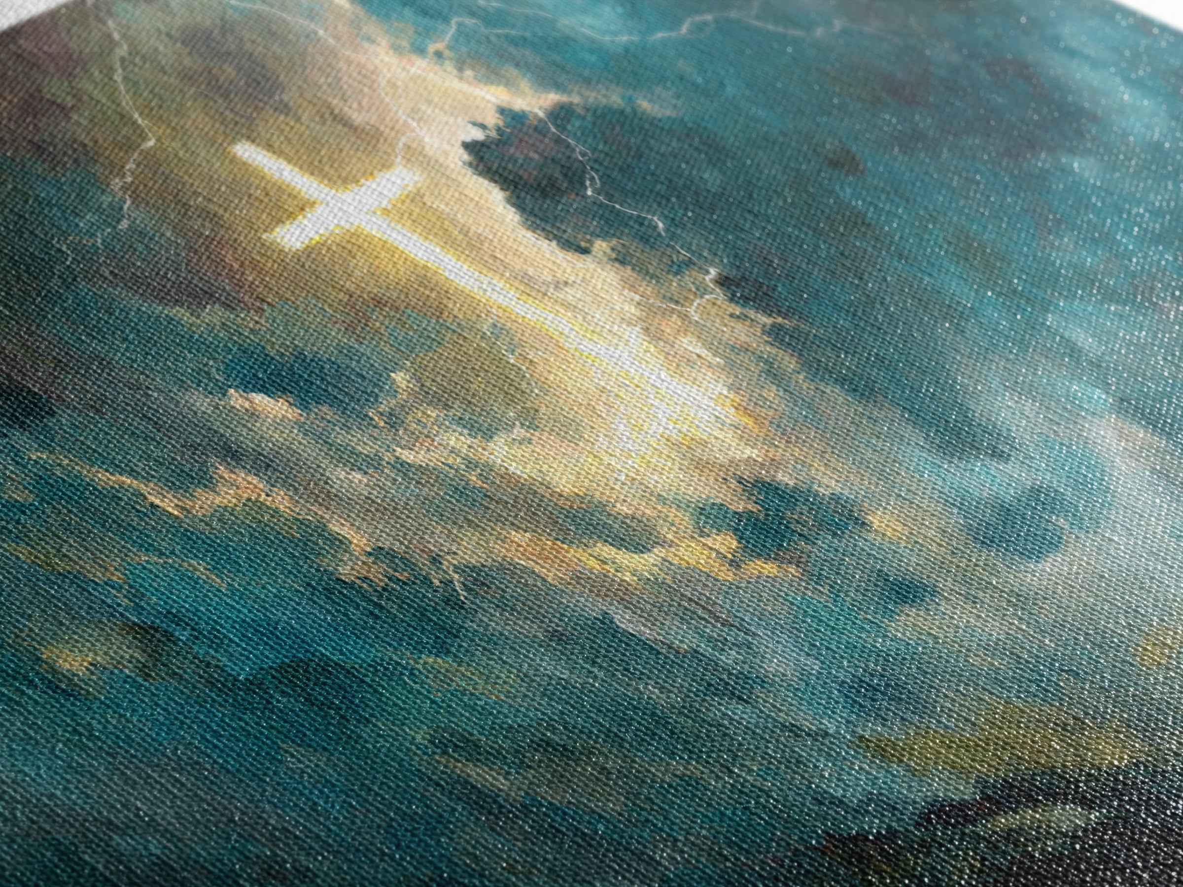 Glowing Cross In Storm Clouds Wall Art, Christian Canvas Print, Spiritual Decor, Modern Religious Living Room Wall Decor