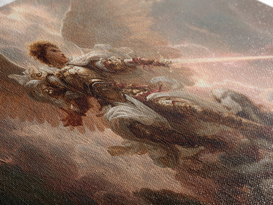 Archangel Warrior In Golden Clouds Wall Art, Christian Canvas Print, Angel Sword Fantasy Art, Spiritual Home Decor Gift For Him