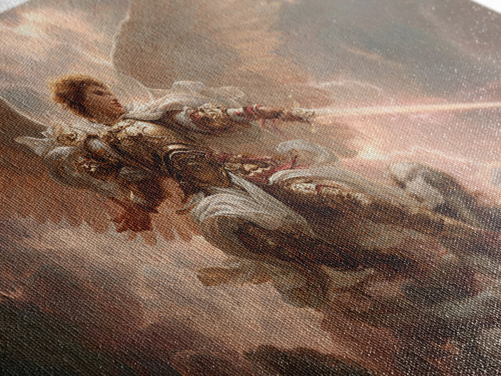 Archangel Warrior In Golden Clouds Wall Art, Christian Canvas Print, Angel Sword Fantasy Art, Spiritual Home Decor Gift For Him