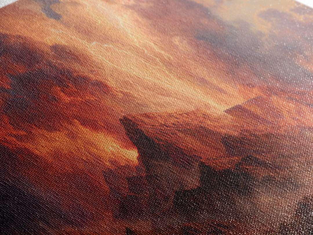 Fiery Mountain Storm With Lightning Over Red Peaks Framed Canvas Print, Dramatic Landscape Wall Art, Large Modern Art, Office Decor