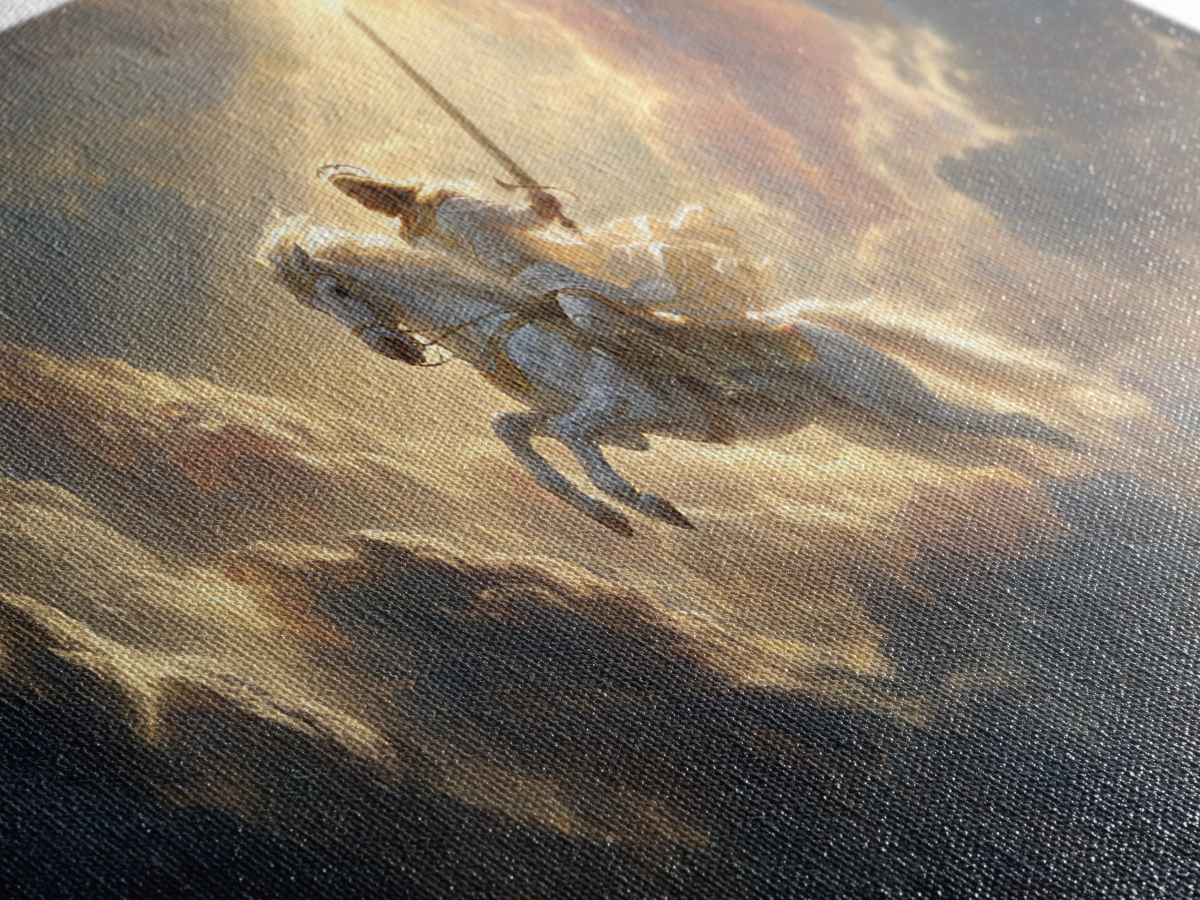 Heavenly Knight On White Horse Framed Canvas Print, Cloud Warrior Fantasy Art, Christian Wall Art, Epic Gift For Him, Living Room Decor