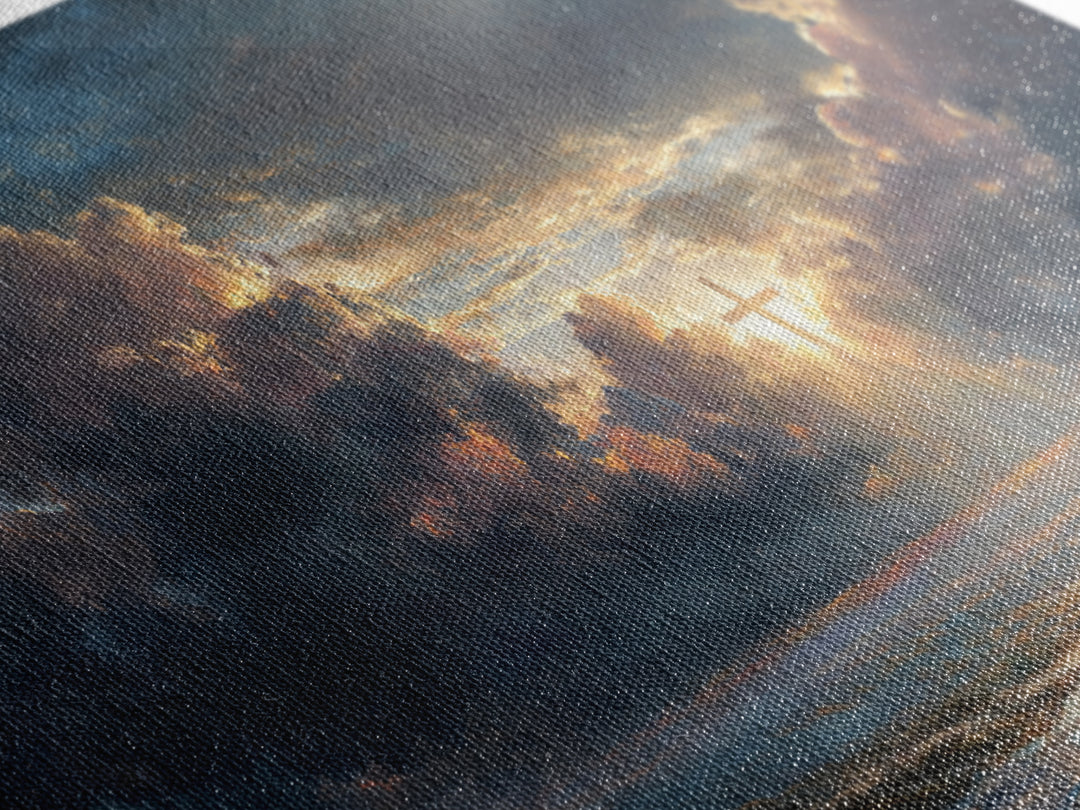 Radiant Cross In Storm Clouds Wall Art, Christian Landscape Canvas Print, Inspirational Faith Decor, Spiritual Sky Art Print