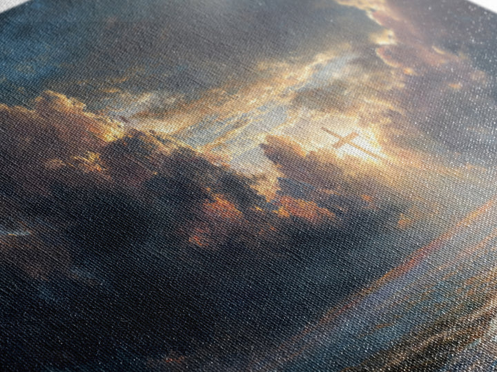 Radiant Cross In Storm Clouds Wall Art, Christian Landscape Canvas Print, Inspirational Faith Decor, Spiritual Sky Art Print