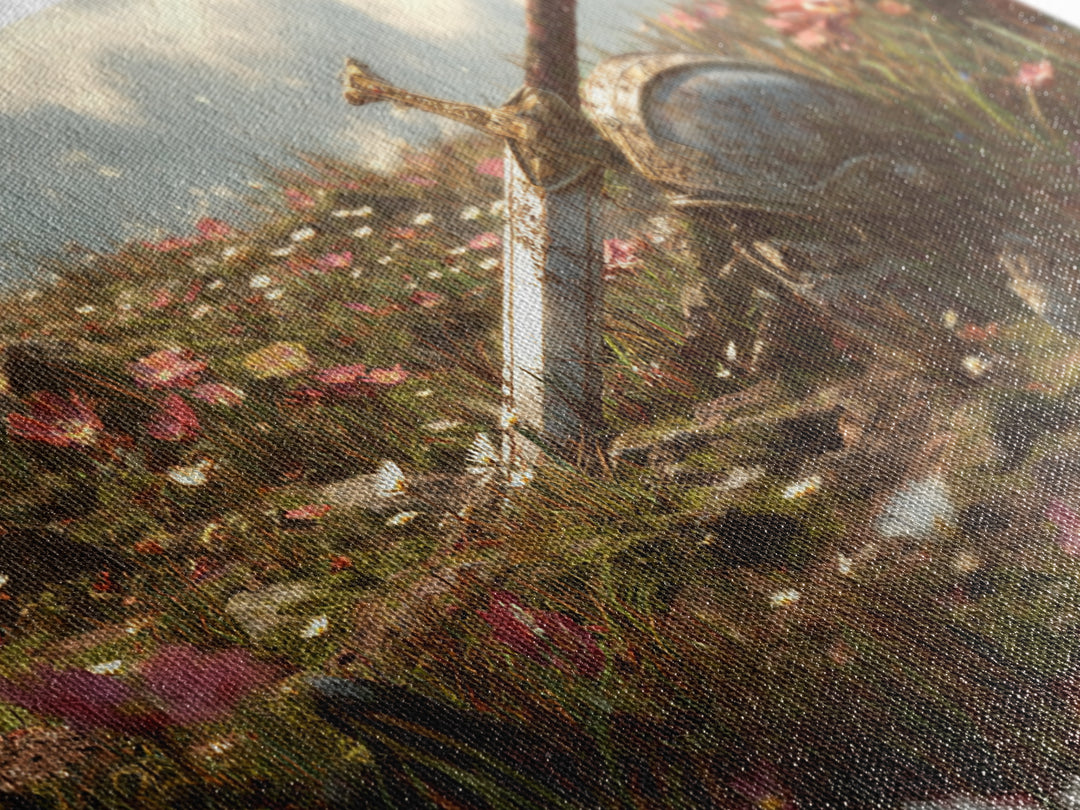 Flowered Battlefield Sword And Helmet Canvas Print, Fantasy Art, Knight Wall Decor, Gothic Gift For Him, Large Wall Art Print