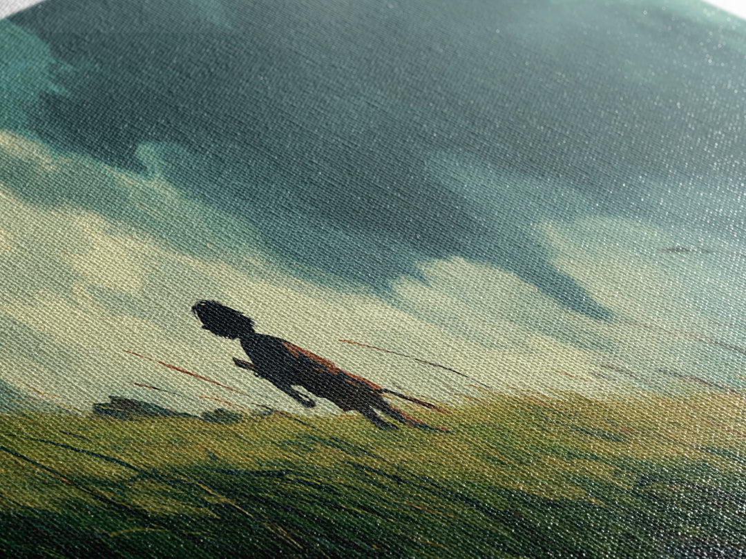 Child On Windswept Grassy Hill Wall Art, Dramatic Cloud Landscape, Whimsical Nursery Decor, Fantasy Adventure Canvas Print
