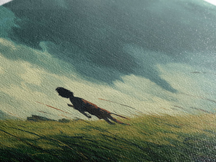 Child On Windswept Grassy Hill Wall Art, Dramatic Cloud Landscape, Whimsical Nursery Decor, Fantasy Adventure Canvas Print