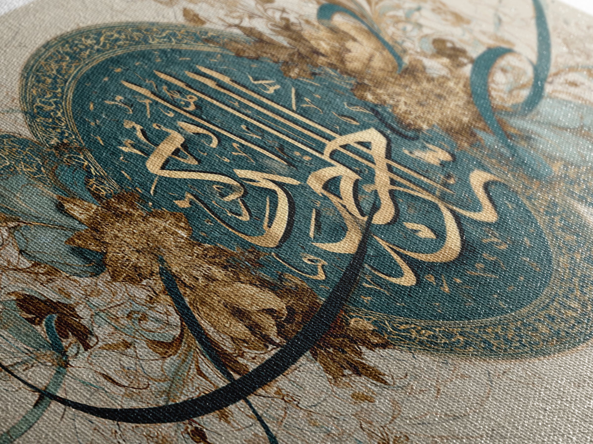 Teal Gold Arabic Calligraphy Framed Canvas Print, Islamic Wall Art, Floral Home Decor, Eid Gift, Elegant Living Room Decor