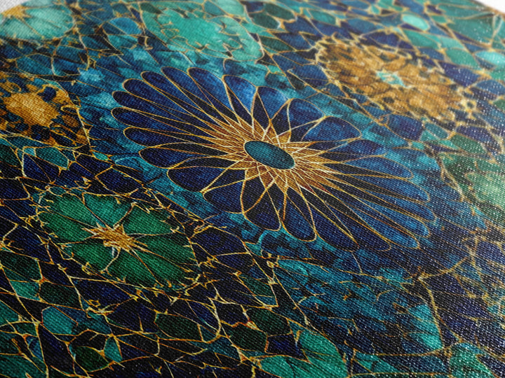 Teal Gold Floral Mosaic Canvas Print, Moroccan Wall Art, Geometric Pattern Decor, Mediterranean Tile Gift For Her, Luxury Home Decor