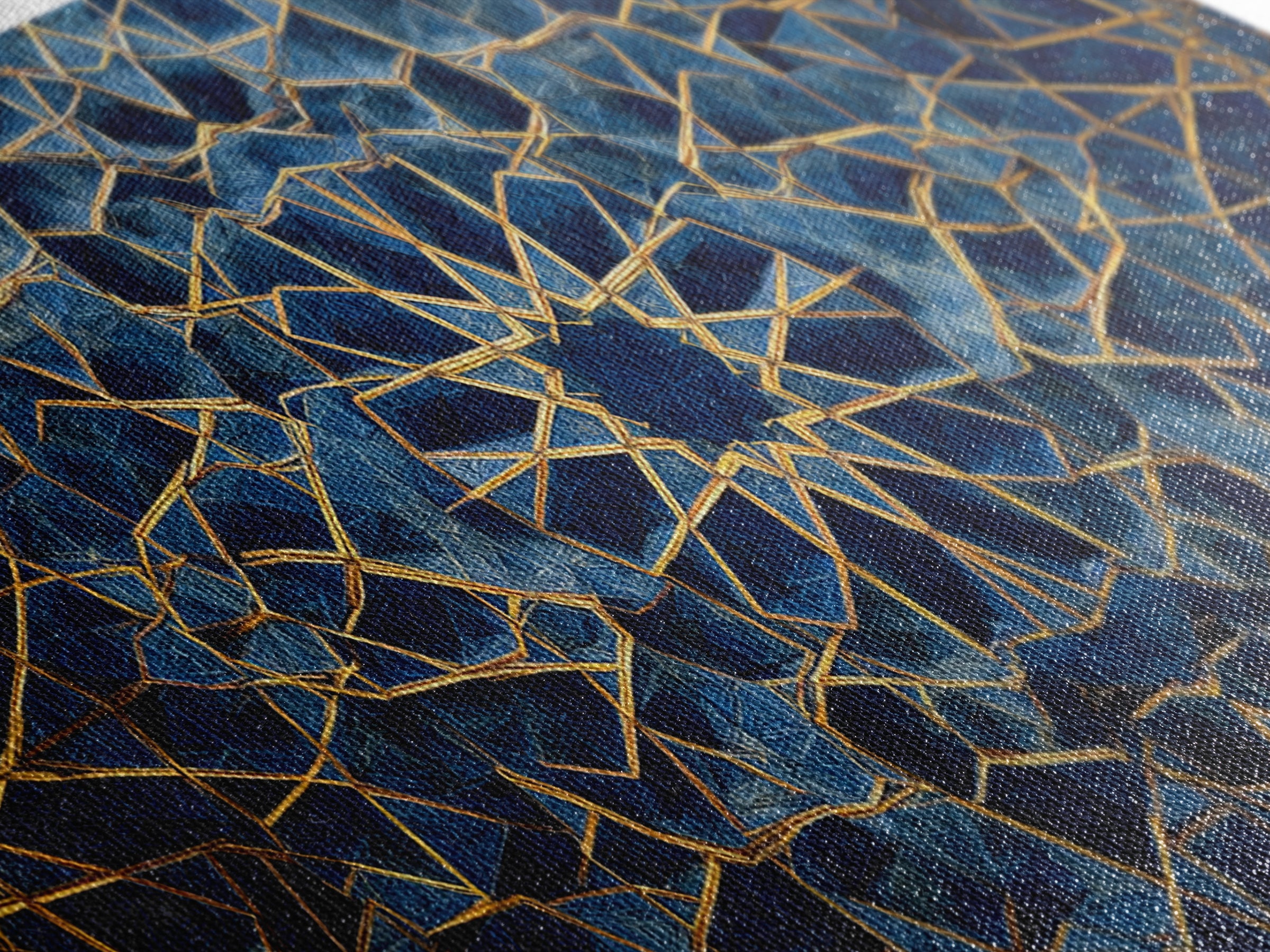 Blue Gold Islamic Geometric Wall Art, Sacred Pattern Canvas Print, Moroccan Tile Decor For Modern Living Room Home Decor Gift