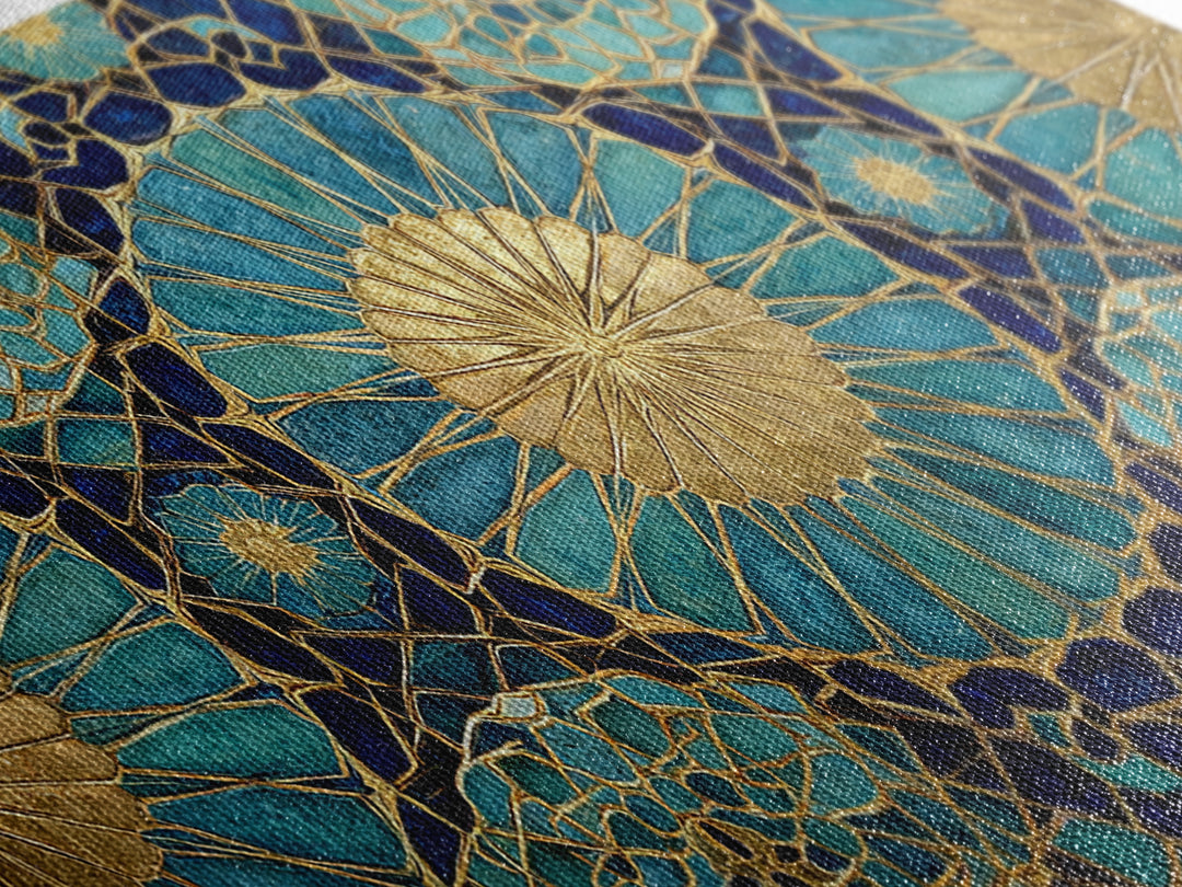 Teal And Gold Islamic Geometric Mosaic Wall Art, Moroccan Decor, Arabic Pattern Art, Spiritual Canvas Print, Luxury Home Decor