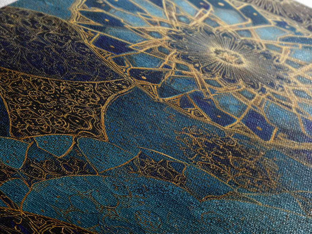 Blue Gold Islamic Mandala Wall Art, Moroccan Geometric Canvas Print, Arabic Home Decor, Large Living Room Wall Decor, Gift
