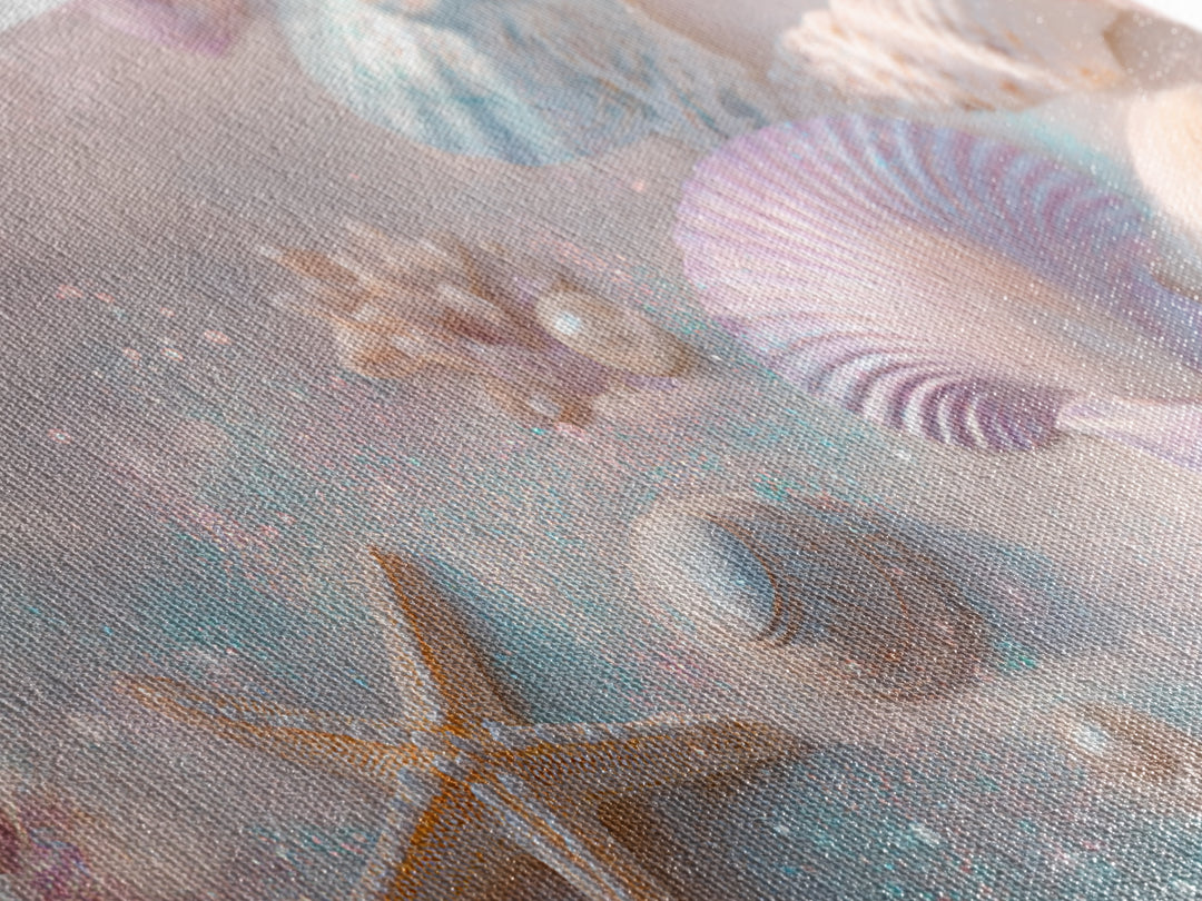 Pastel Seashells And Starfish Canvas Print, Coastal Beach Wall Art, Beach House Decor, Pastel Bathroom Decor, Ocean Nursery Gift For Her