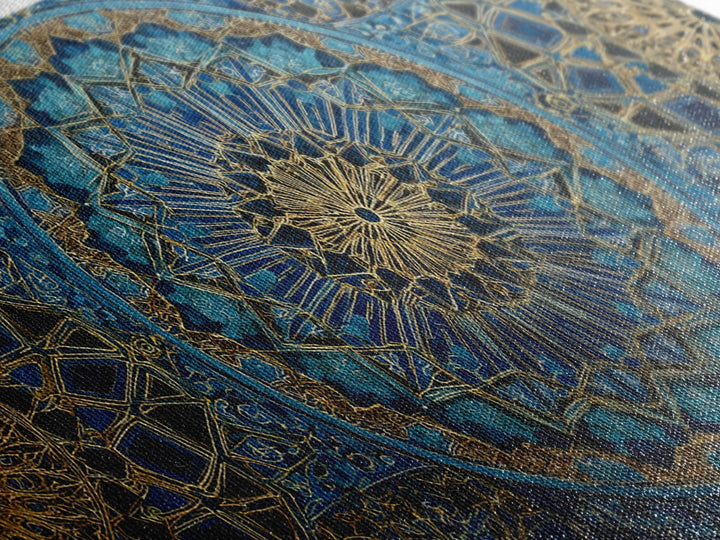 Blue Gold Islamic Geometric Wall Art, Moroccan Mosaic Canvas Print, Sacred Geometry Decor, Luxury Prayer Room Wall Decor