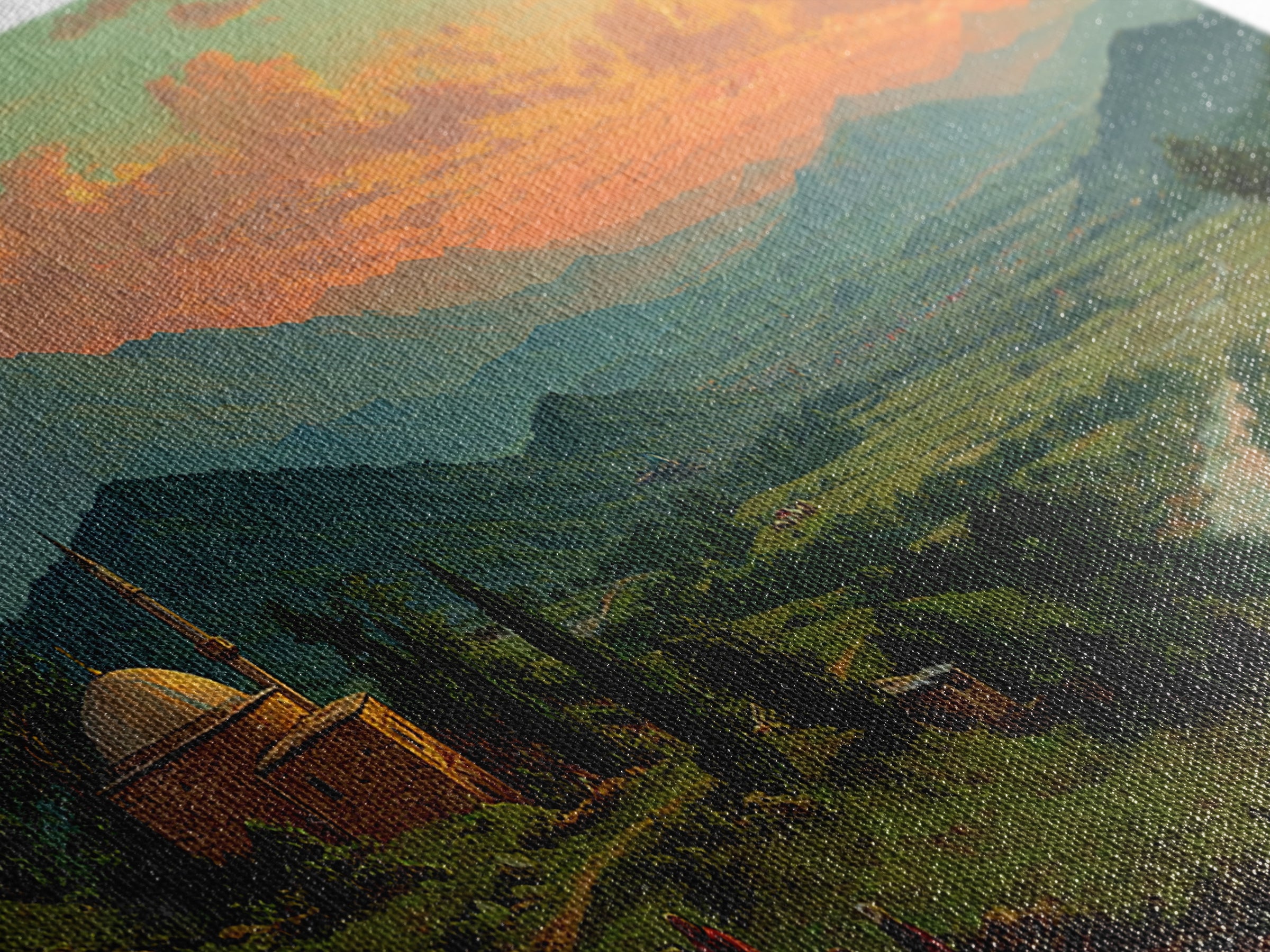 Mountain Valley Mosque At Golden Sunset Canvas Print, Panoramic Landscape Wall Art, Rustic Home Decor, Travel Poster, Fine Art Print