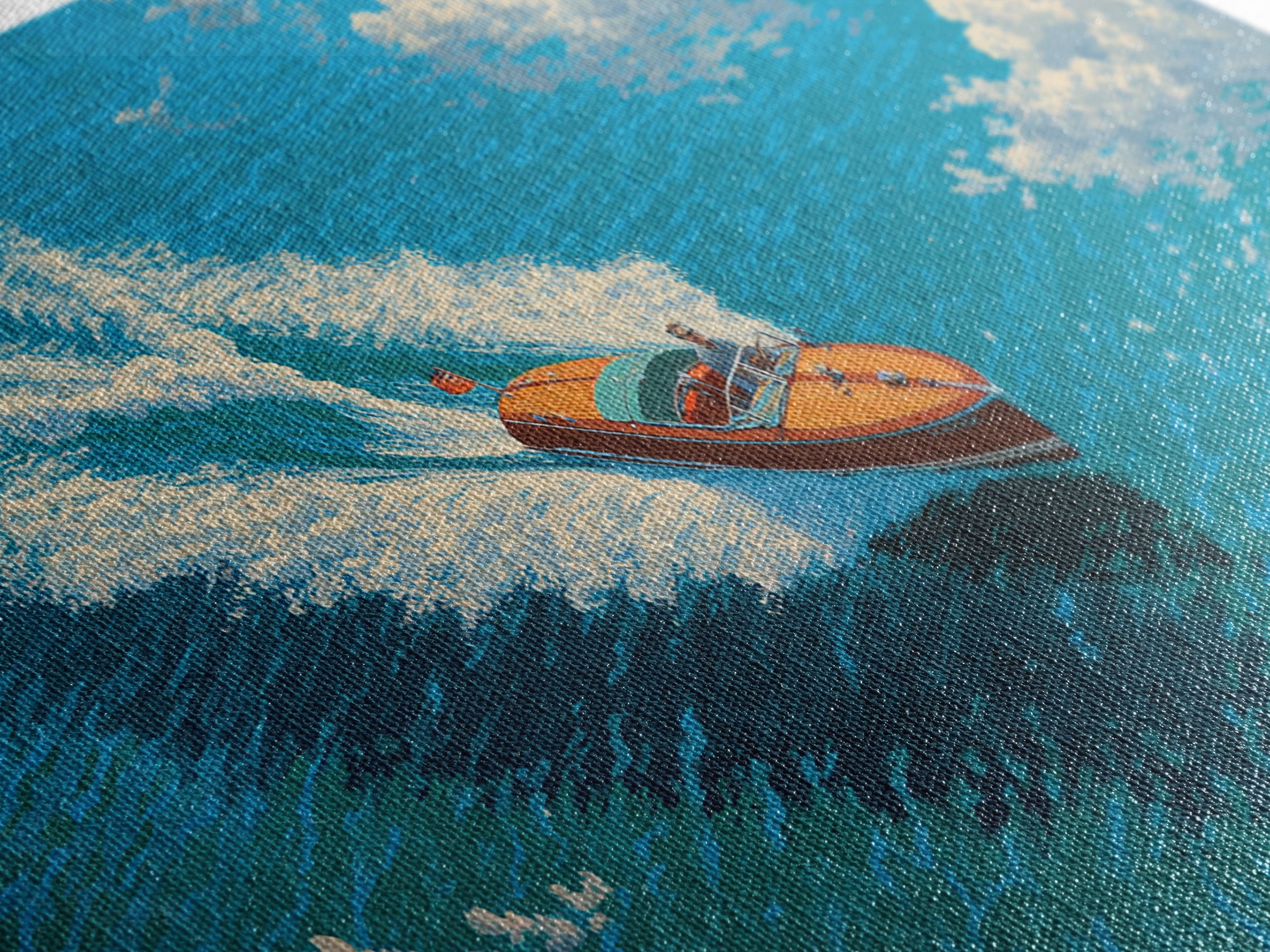 Orange Speedboat On Blue Ocean Canvas Print, Coastal Wall Art, Nautical Beach House Decor, Summer Travel Gift For Him, Art Print