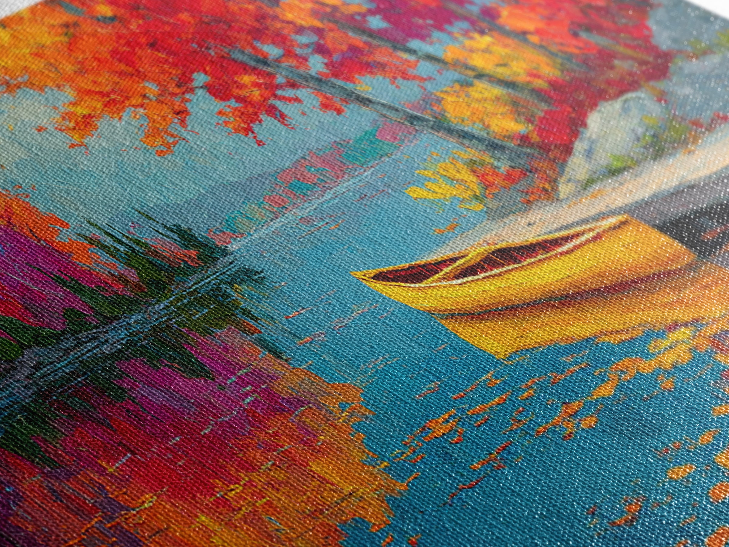 Autumn Canoe Lake Painting Canvas Print, Colorful Fall Landscape Wall Art, Lake House Decor, Rustic Cabin Living Room Art