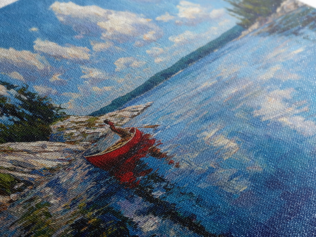 Red Kayak Mountain Lake Wall Art, Blue Water Landscape Canvas, Peaceful Cabin Decor For Lake House, Nature Art Print Gift