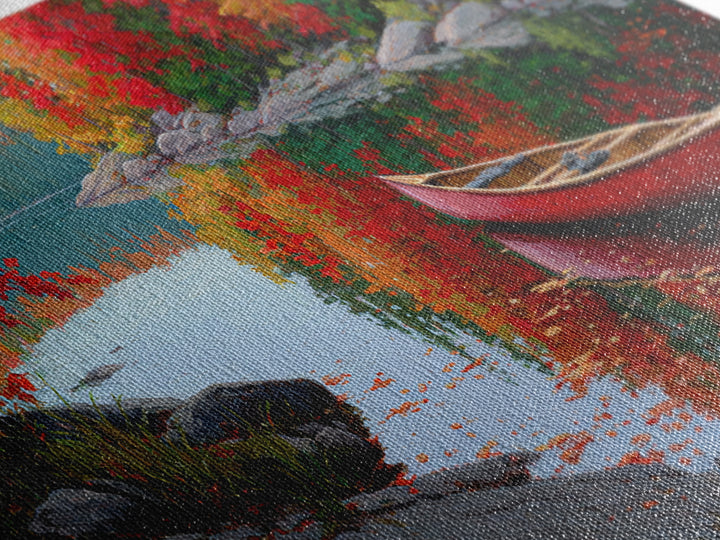 Red Canoe On Autumn Lake Framed Canvas Print, Cabin Wall Art, Fall Landscape Painting, Rustic Lake House Decor, Nature Art Print