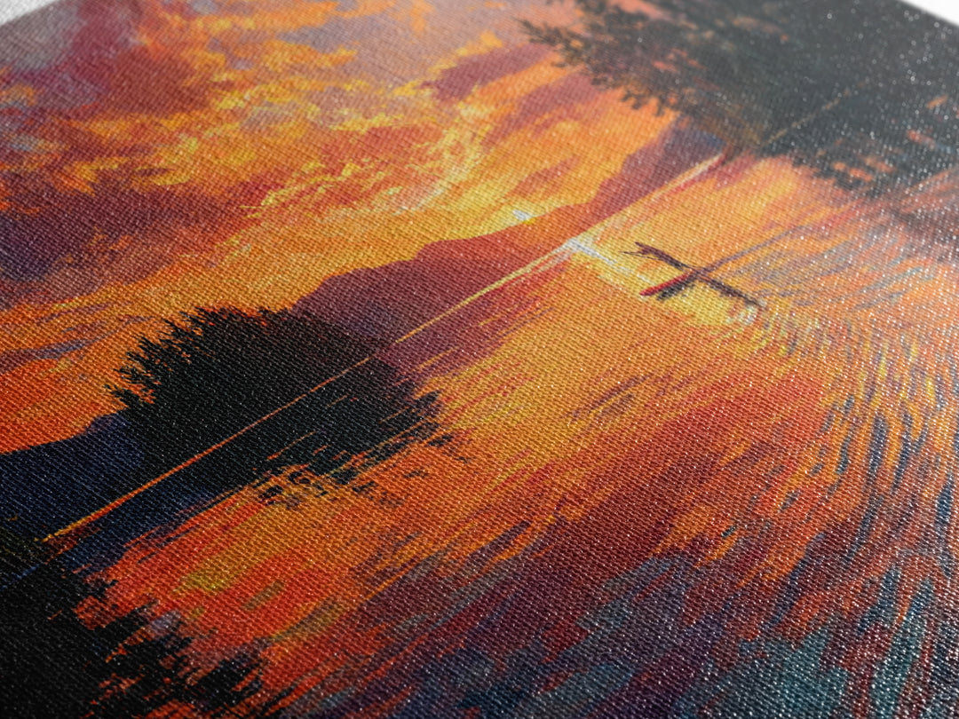 Fiery Sunset Kayaker On Mountain Lake Wall Art, Canvas Print, Outdoor Adventure Decor, Lake House Gift, Large Wall Art, Sunset Painting