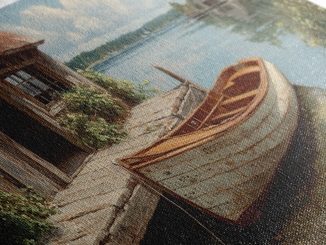 Rustic Waterfront Scene With Wooden Rowboat And Weathered Dock Painting Wall Art Canvas Print For Living Room Decor