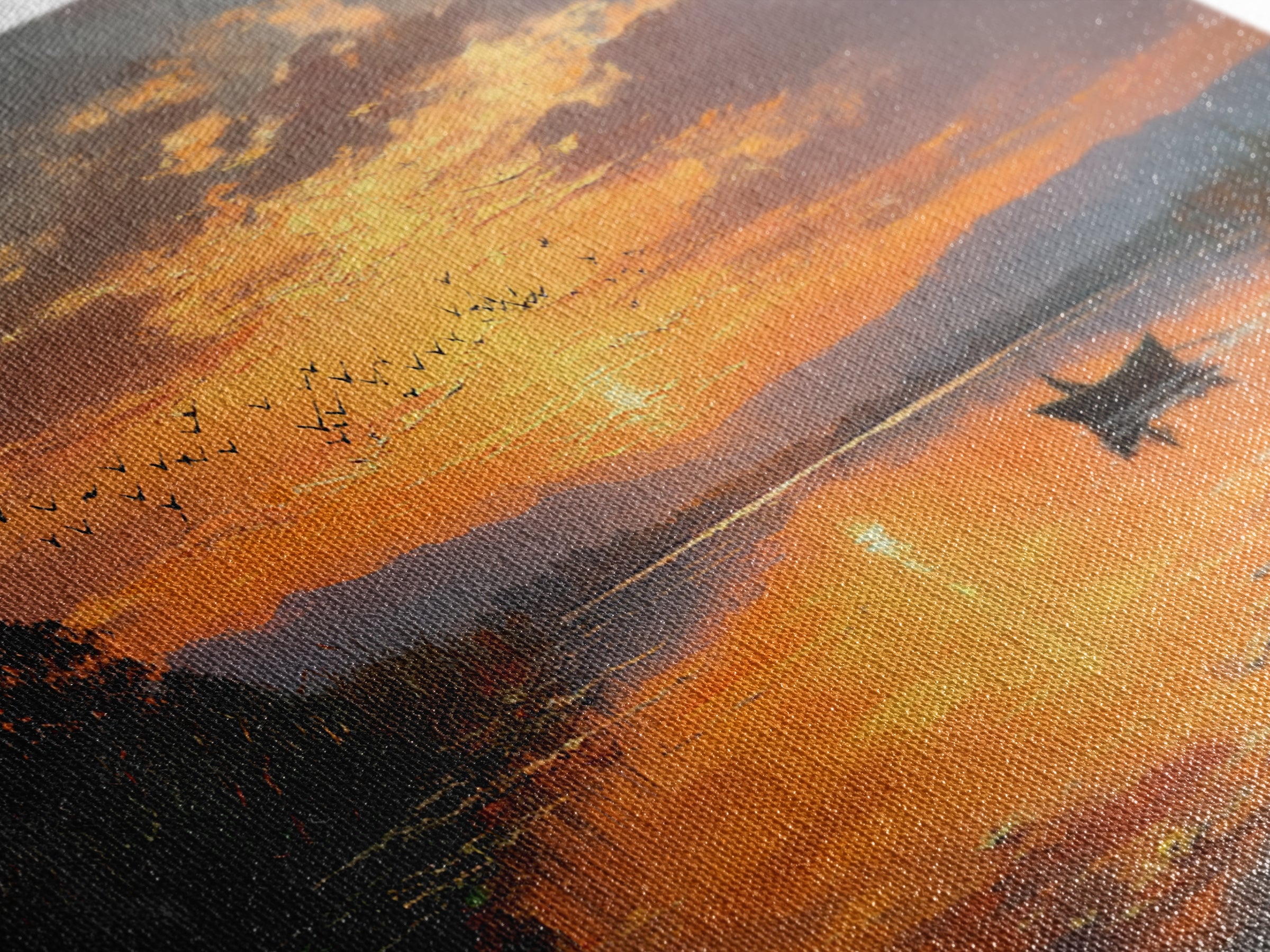 Majestic Sunset Over Calm River With Birds Flying Silhouettes Realistic Painting Wall Art Framed Canvas Print For Serene Decor