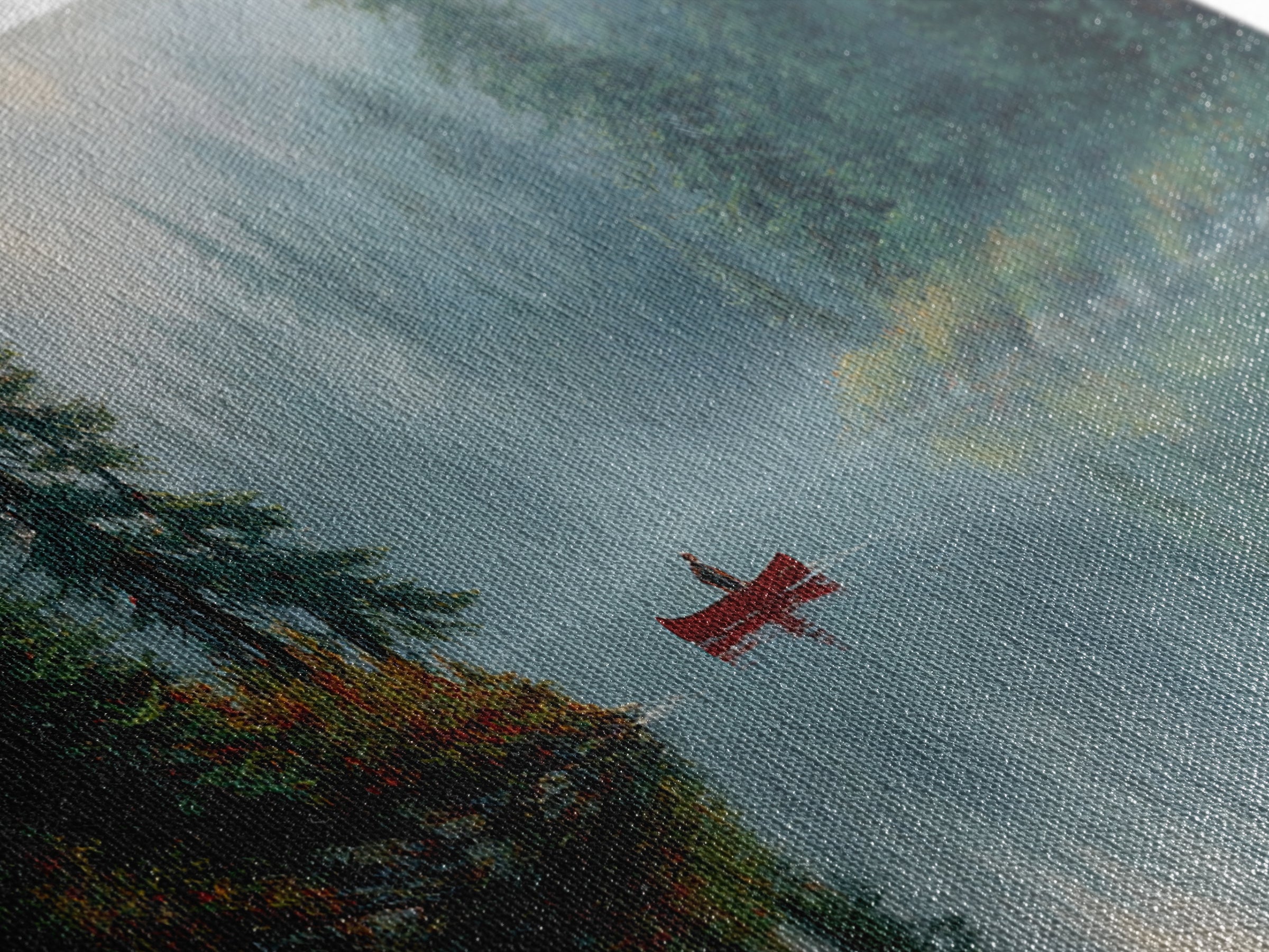 Peaceful Forest Lake With Canoe And Mist Landscape Oil Painting Canvas Print Large Wall Art For Cozy Living Room Decor