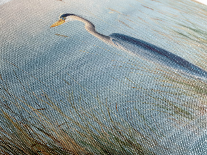 Serene Blue Heron In Marsh Landscape Painting Fine Art Print Framed Canvas Print Coastal Wall Art Quiet Nature Decor