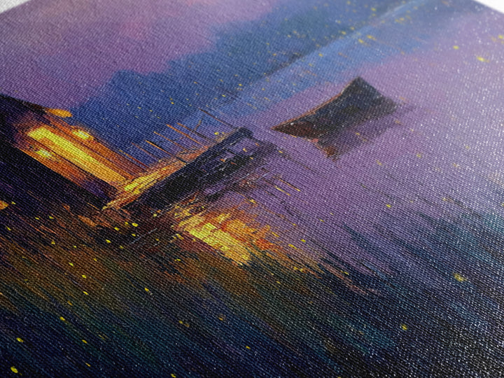 Romantic Evening Lakeside Cabin Oil Painting Wall Art With Fireflies Charming Landscape Decor