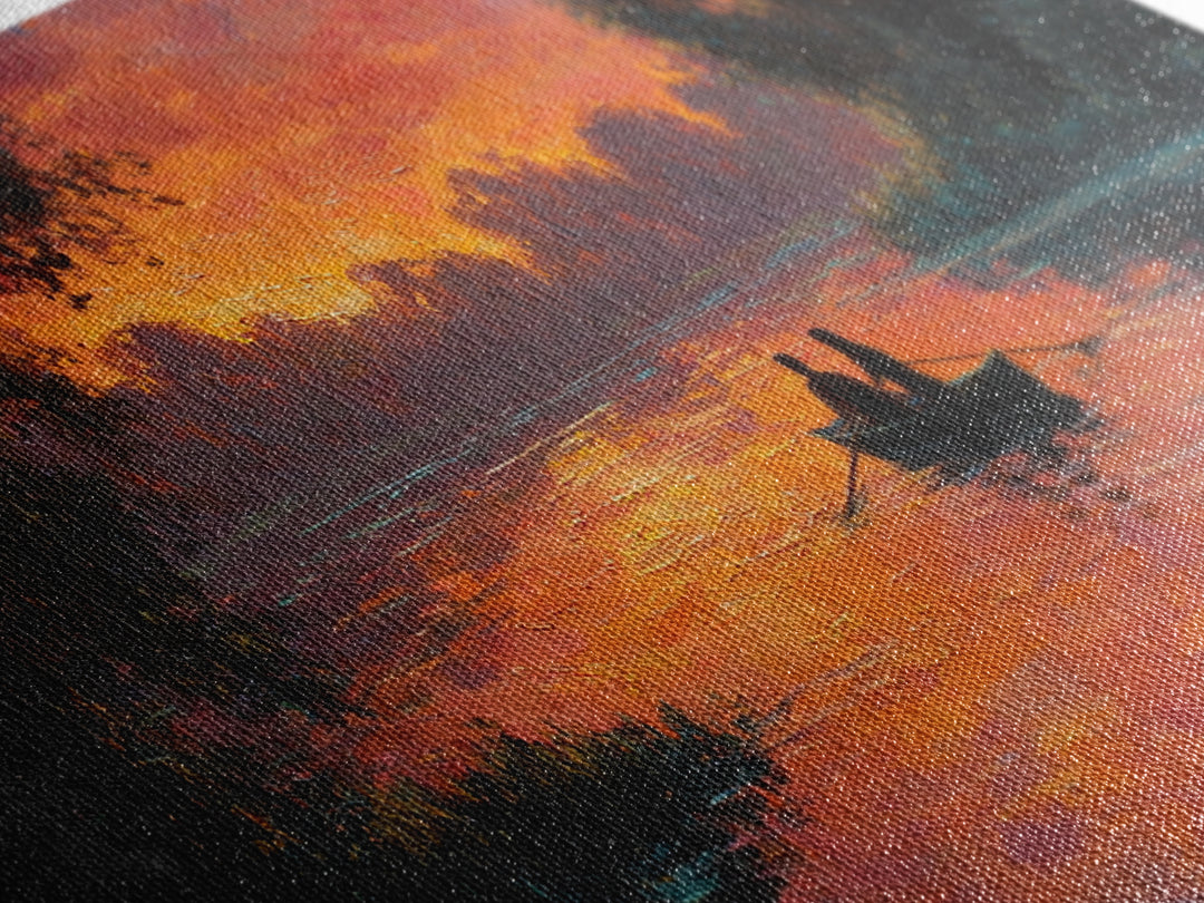 Romantic Couple In Rowboat At Fiery Sunset Lake Scene Oil Painting Wall Art Ideal For Cozy Bedroom Decor Or Rustic Living Room Framed Canvas Print