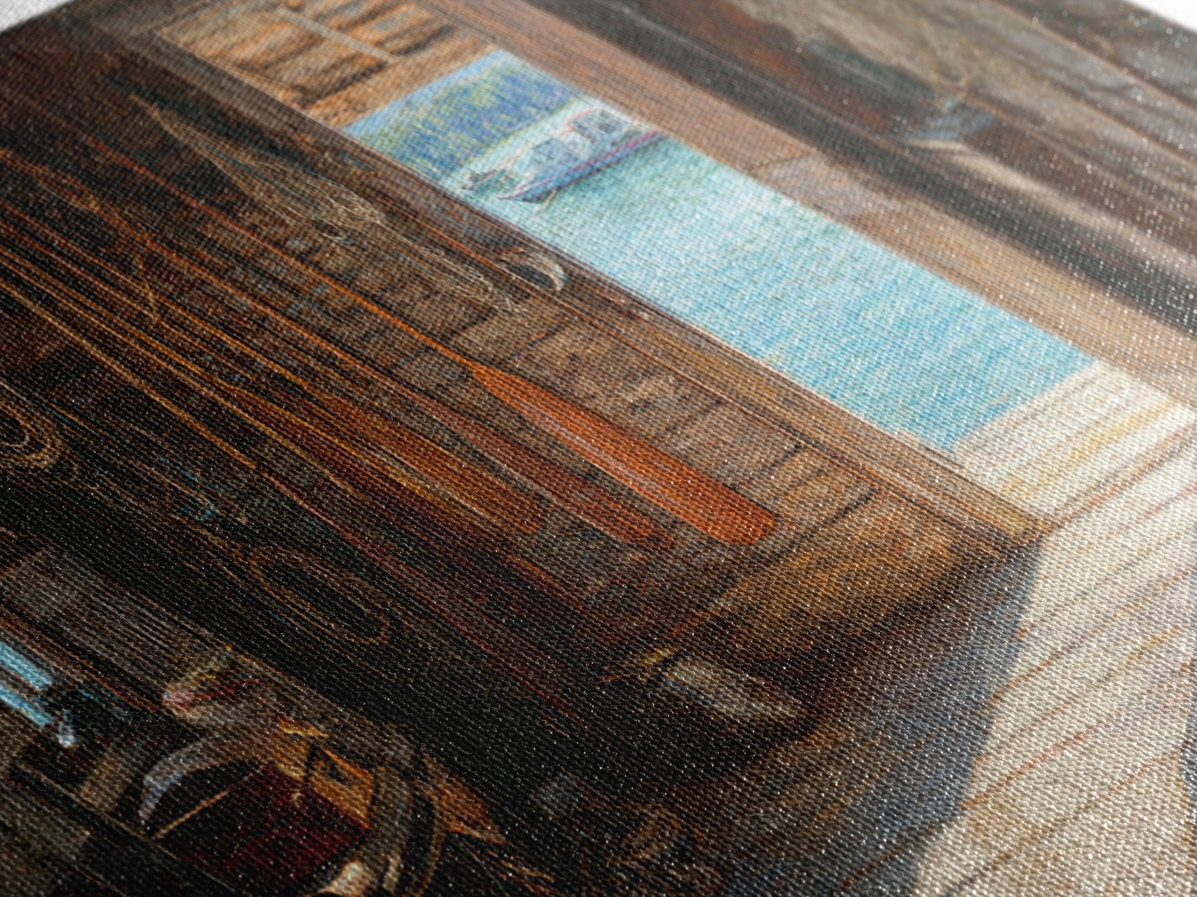 Rustic Fishing Shack Interior With Oars And Nets Oil Painting Wall Art For Coastal And Nautical Home Decor