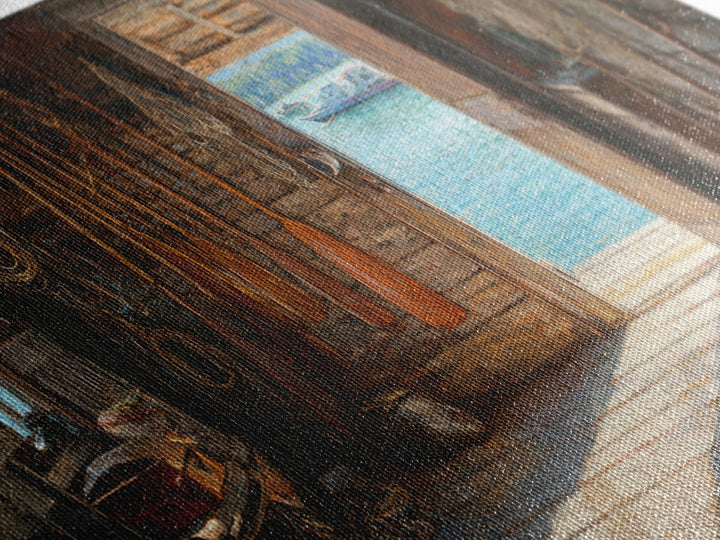 Rustic Fishing Shack Interior With Oars And Nets Oil Painting Wall Art For Coastal And Nautical Home Decor