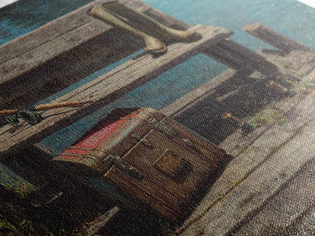Rustic Fishing Dock With Boots And Rods Oil Painting Rustic Wall Art Framed Canvas Print For Cabin Decor And Nature Lovers