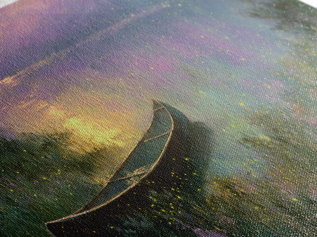 Serene Canoe On Misty Lake With Fireflies At Twilight Framed Canvas Print Tranquil Landscape Wall Art