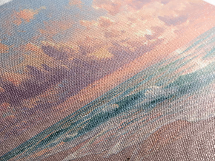Pink Cloud Beach Sunrise Framed Canvas Print, Coastal Wall Art, Ocean Waves Seascape, Beach House Decor, Living Room Decor