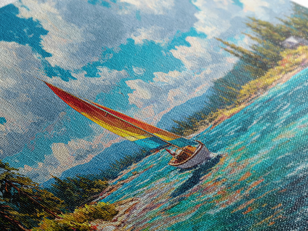 Vibrant Abstract Coastal Scene Sailing Boat Oil Painting Canvas Print Wall Art Beach Home Decor Large Wall Art Bright Wall Decoration
