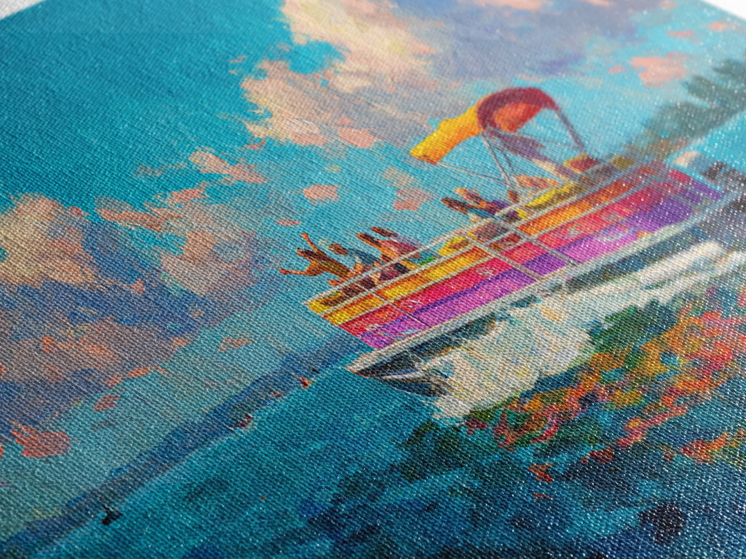 Vibrant Party Boat At Sea With Cheerful Passengers At Sunset Wall Art Framed Canvas Print Bright Colorful Coastal Decor