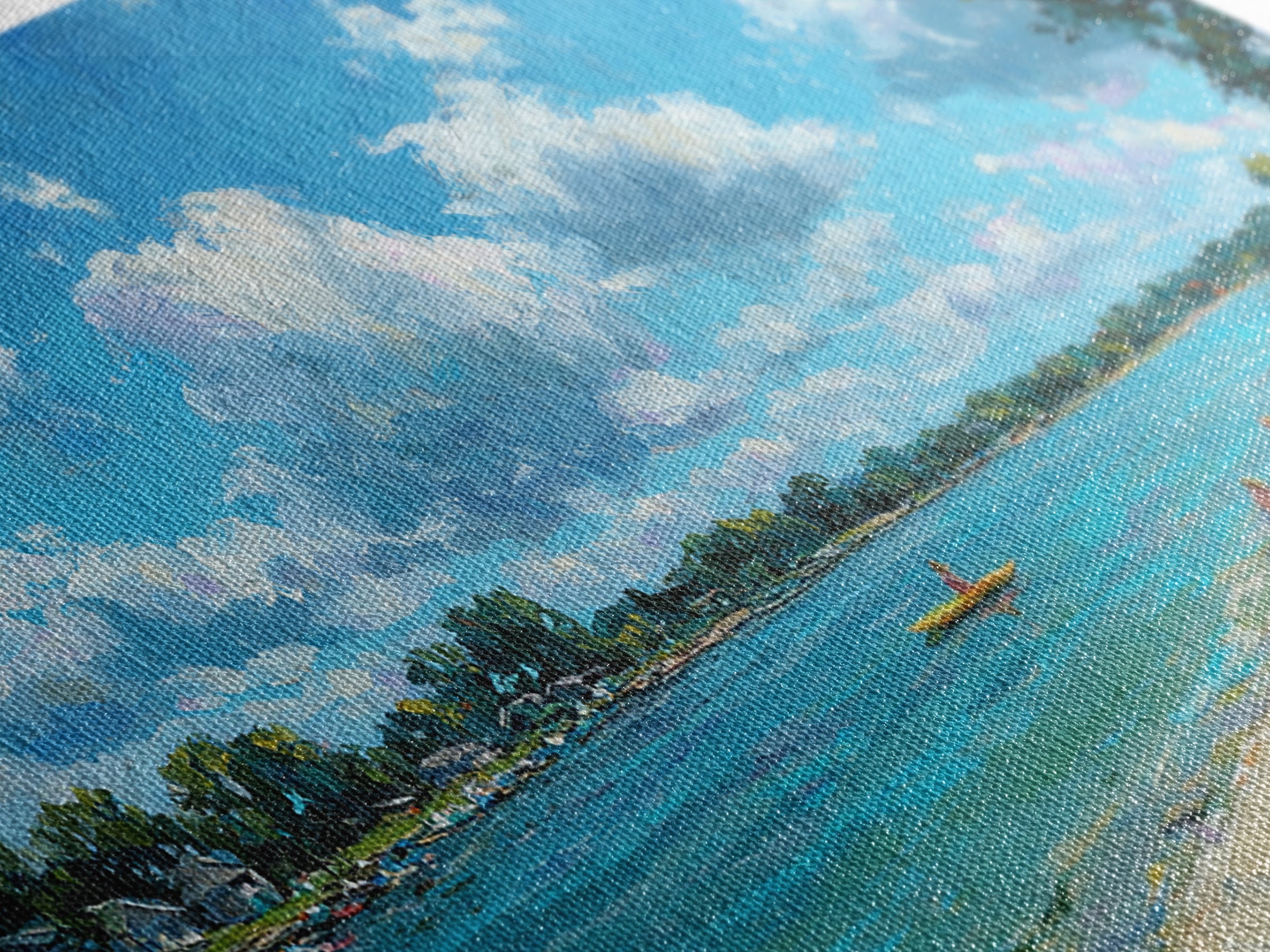 Beautiful Vibrant Oil Painting Of Lake Scene With Kayakers And Blue Sky Canvas Print Large Wall Art Home Decor Living Room Wall Art