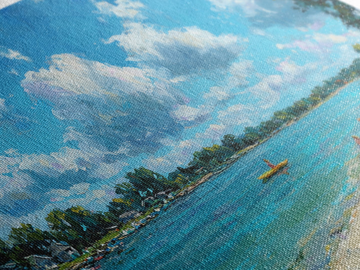 Beautiful Vibrant Oil Painting Of Lake Scene With Kayakers And Blue Sky Canvas Print Large Wall Art Home Decor Living Room Wall Art
