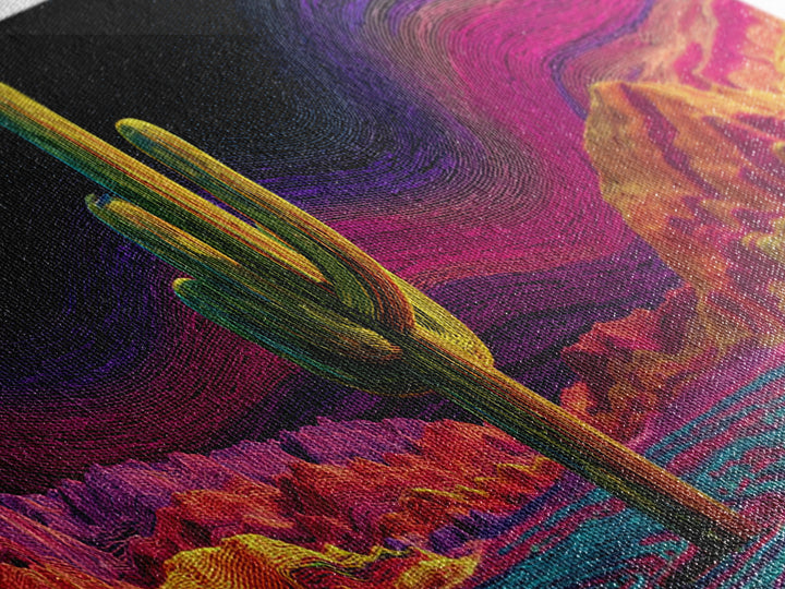 Surreal Abstract Cactus Landscape With Neon Colorful Sky And Textured Brushstrokes Canvas Print Modern Wall Art For Living Room
